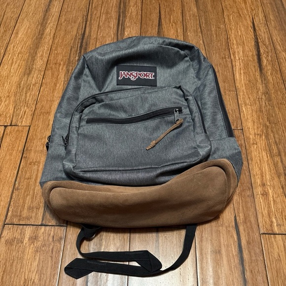 JanSport Backpack Cool Student Laptop Gray Faux Brown Leather Bottom - Picture 2 of 13
